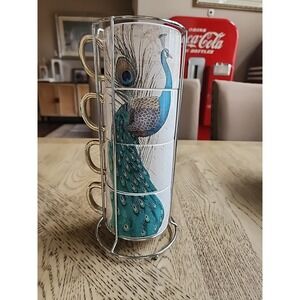 Cracker Barrel Peacock Stacking Mugs Set of 4 with Display Stand Peacock Bird